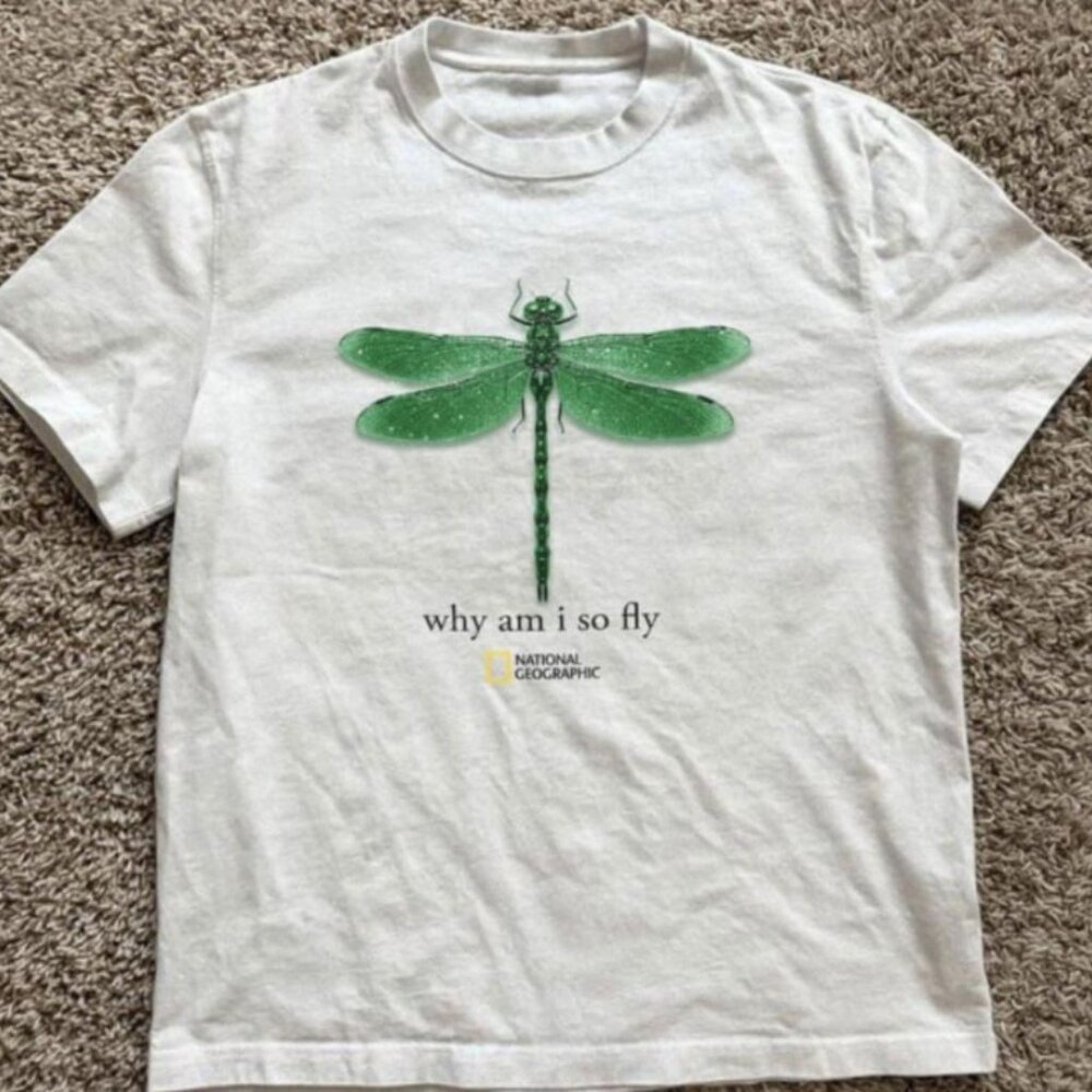 White - National Geographic “why am I so fly” green dragonfly T-shirt